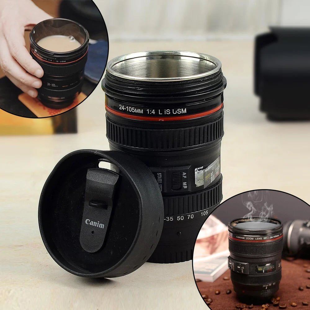 Camera Lens Coffee Mug - Stainless Steel Tumbler, Leakproof Travel Mug, Tea Water Bottle With Lid and Spoon - EF24-105mm f/4.0 USM Lens Cup