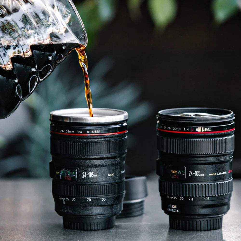 Camera Lens Coffee Mug - Stainless Steel Tumbler, Leakproof Travel Mug, Tea Water Bottle With Lid and Spoon - EF24-105mm f/4.0 USM Lens Cup